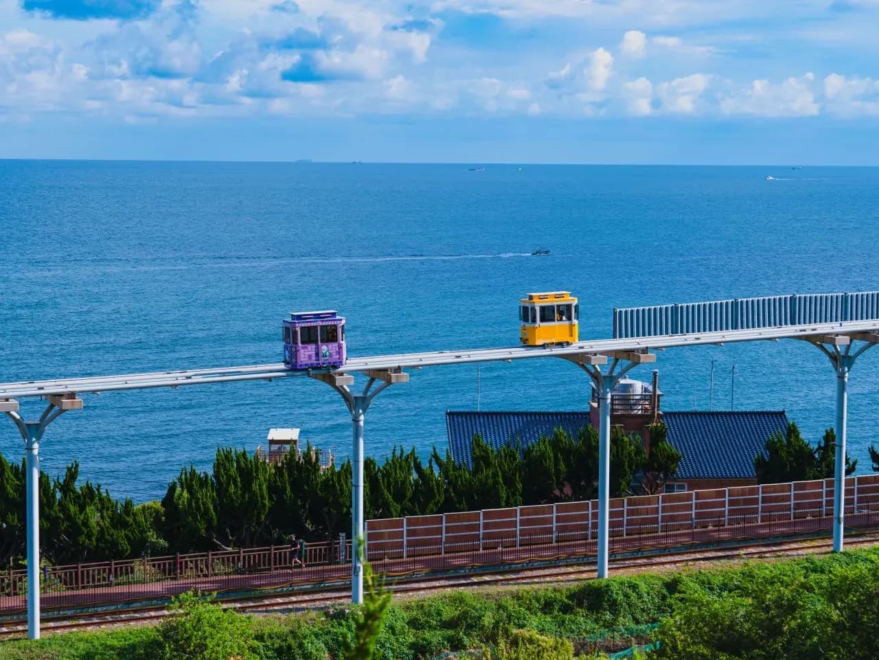해운대블루라인파크의 바다 옆 고가 선로를 달리는 보라색·노란색 스카이캡슐, 2024년 8월