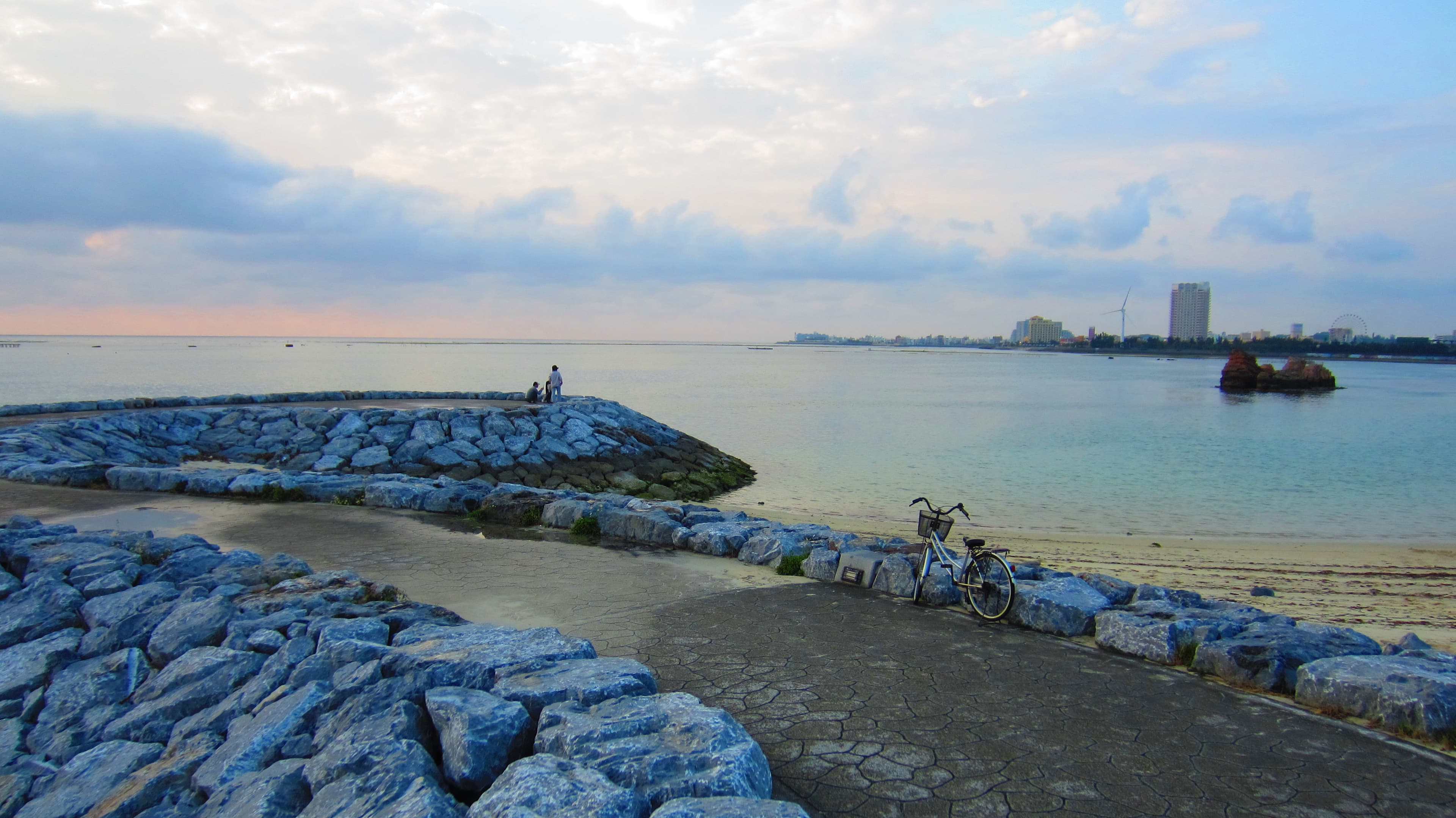 Shoreline and promenade at Araha Beach in Chatan, Okinawa, photographed in 2012