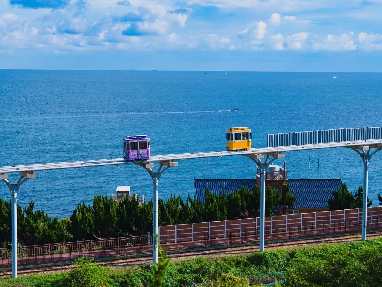 해운대블루라인파크의 바다 옆 고가 선로를 달리는 보라색·노란색 스카이캡슐, 2024년 8월